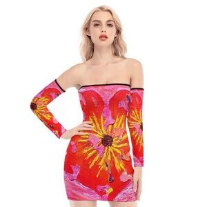 Red and Pink Off-Shoulder Bodycon Dress Long Sleeve 	-Preorder